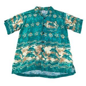 Vintage Hawaiian Dolphin Shirt Green & Beige Mens M Camp Resort